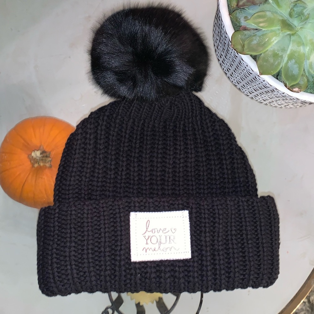 Love your melon Pom beanie black an rose gold foil